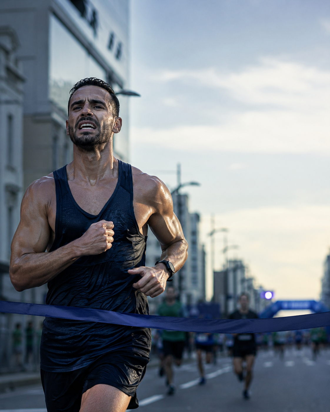 Atleta cruzando a linha de chegada em uma corrida